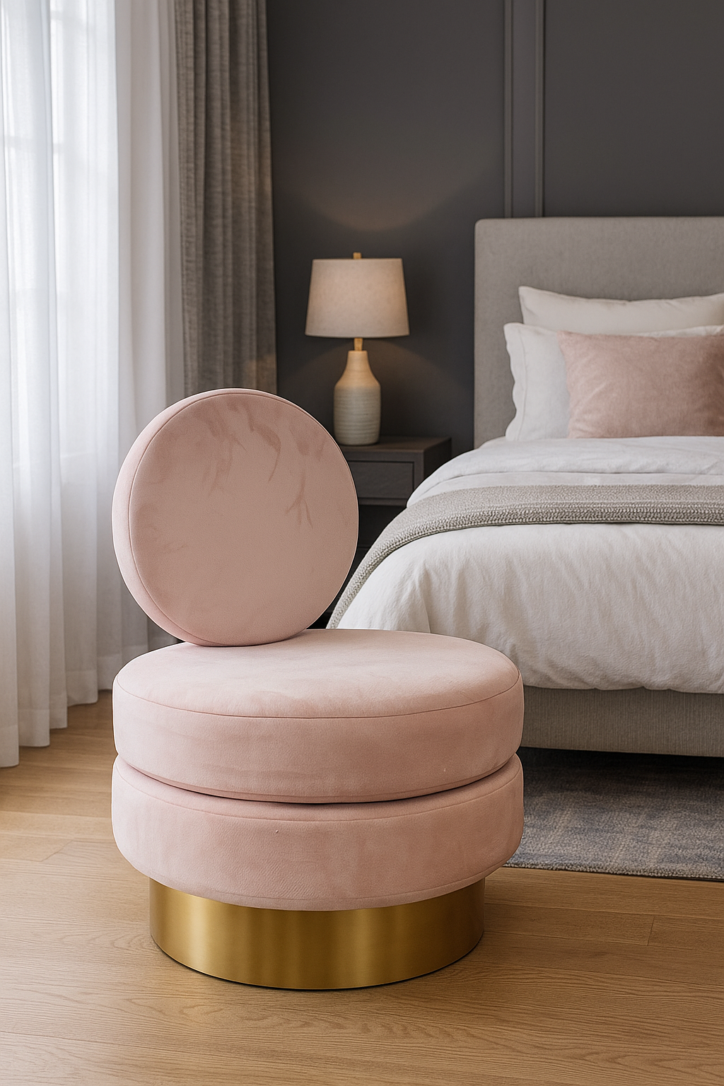 Réfection tissu pour ce fauteuil boudoir rond en velours rose pied or