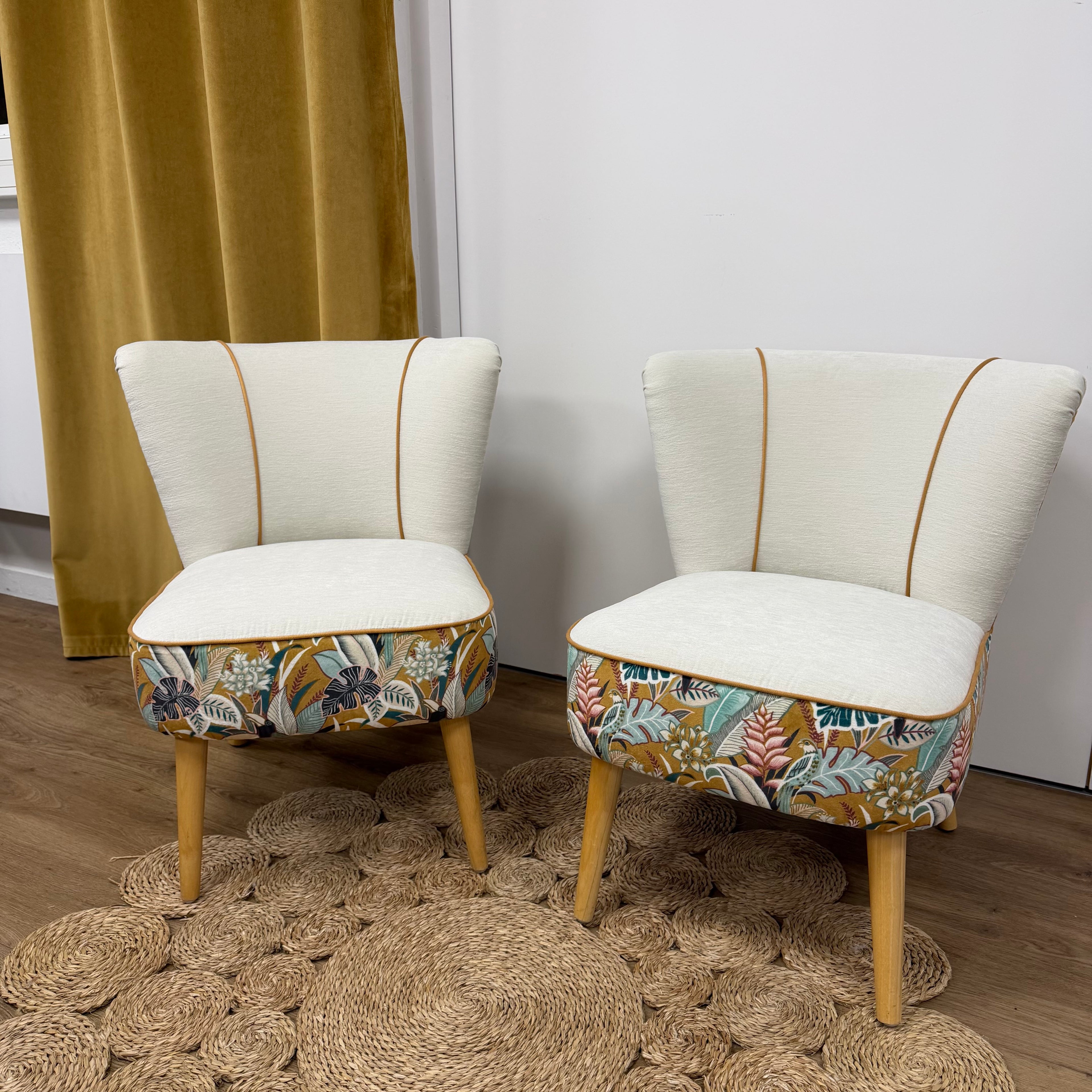 Paire de fauteuils restaurée – Tissus velours à motifs et uni